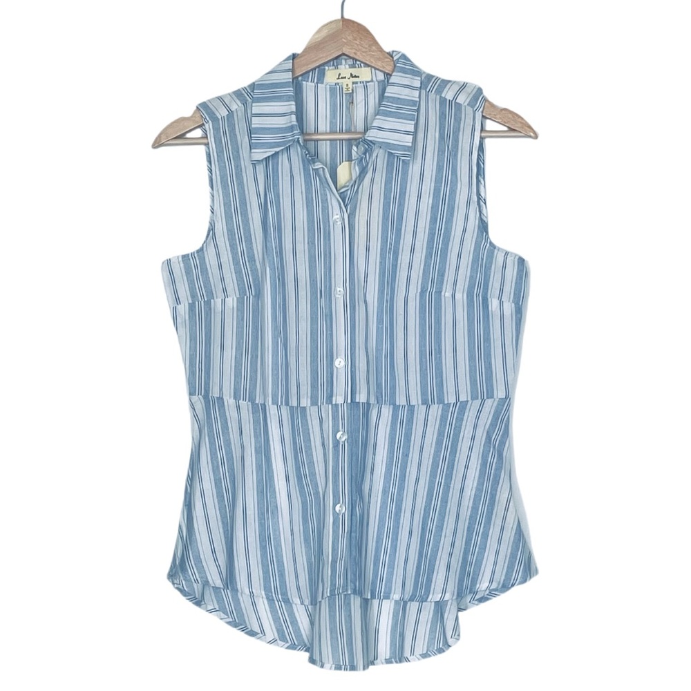 Love Notes Sleeveless Peplum Button Down Shirt Lightweight Small Blue Stripe NWT